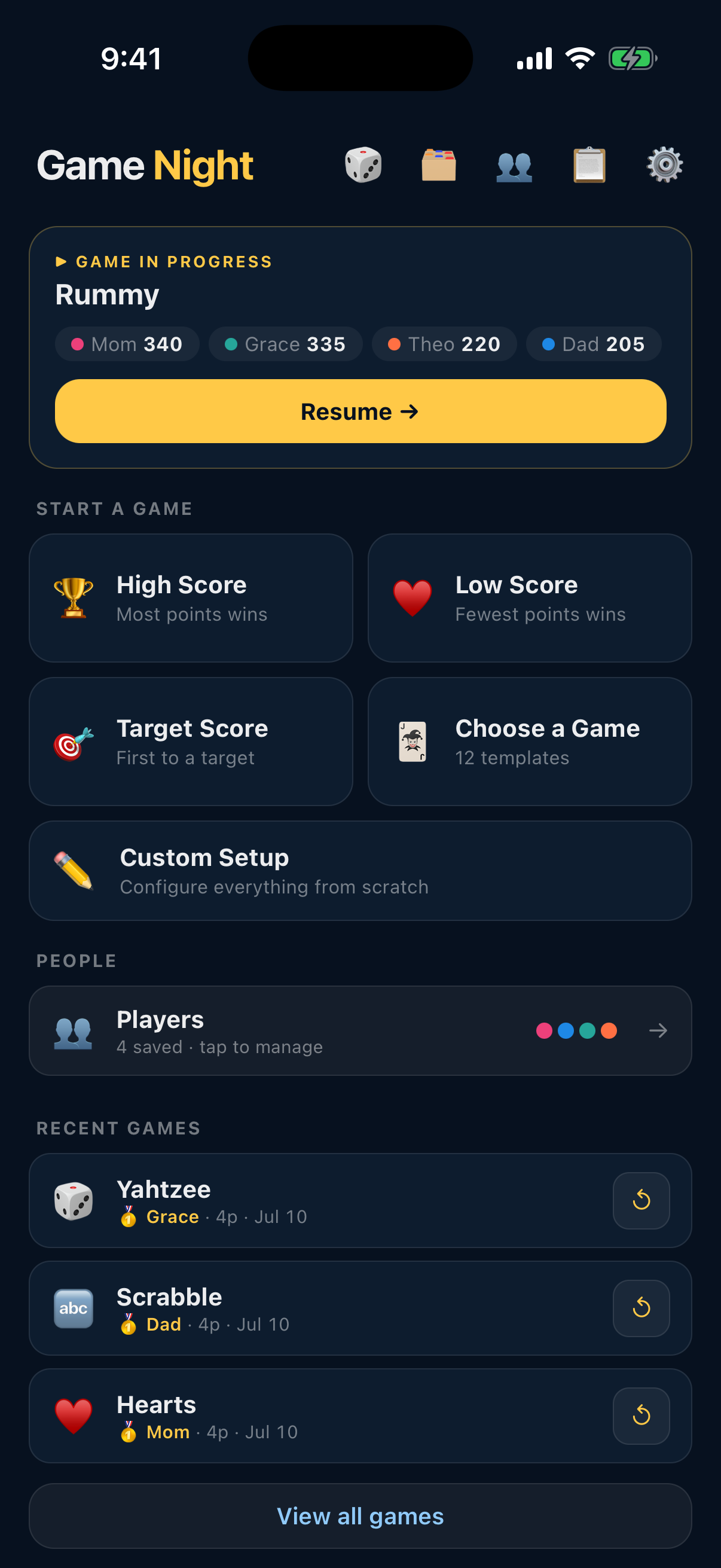 Game Night app home screen showing a Rummy game in progress and recent games